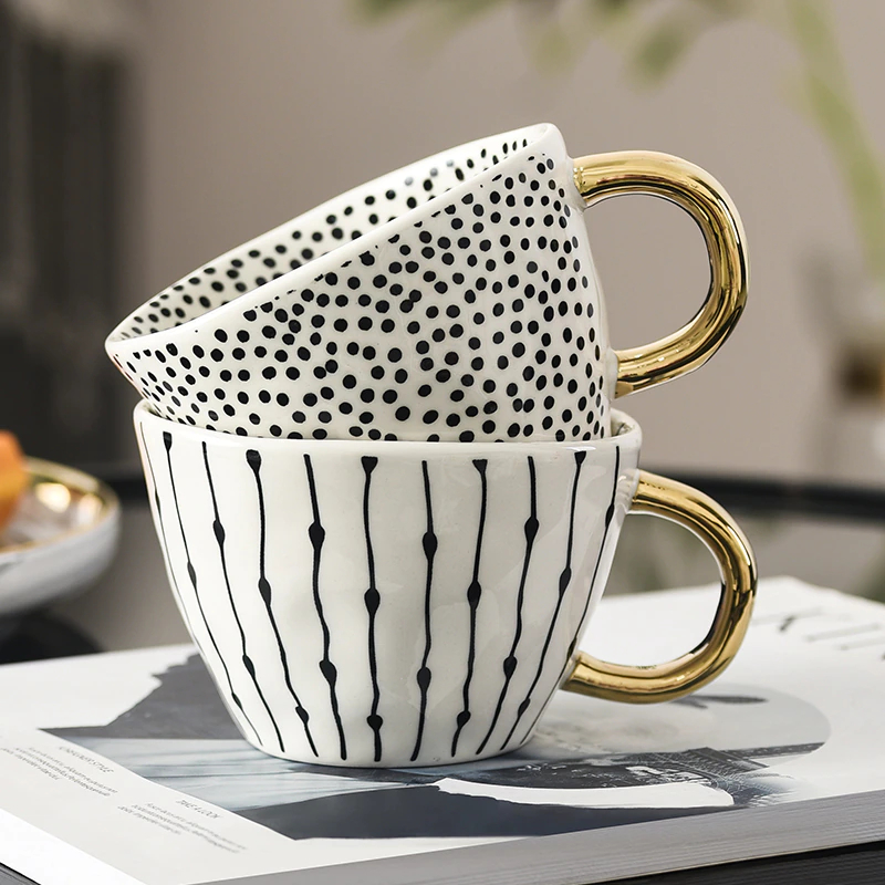 Handmade Geometric Ceramic Mugs With Gold Handle